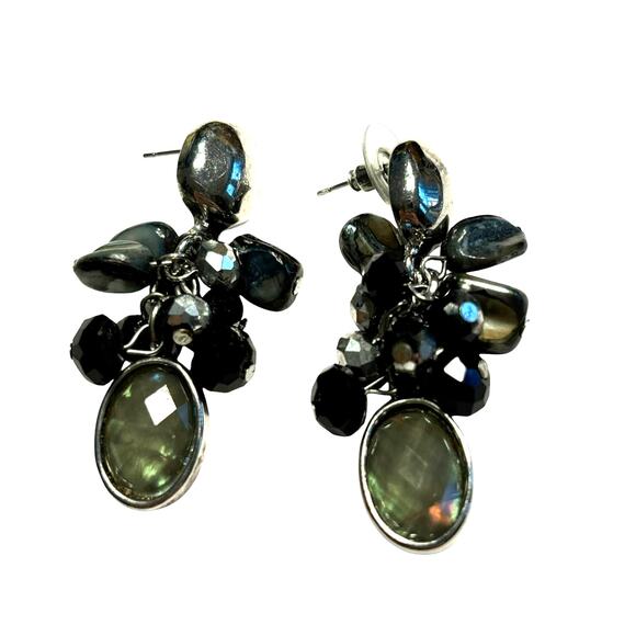Pierced earrings drop & dangles beaded silvertone smoky & black faceted beads - Picture 1 of 6